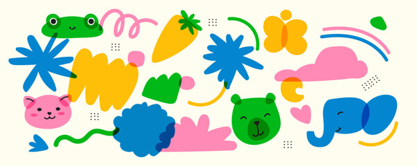 A set of trendy children items with animals. and natural objects. Bright colors with an overlay. Drawing with marker or riso print. Vector contemporary illustration.