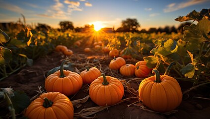 Pumpkin patch on sunny Autumn day. Beautiful fall scene.