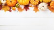 Top view of white wood background decorated with pumpkins and leaves. AI Generated.