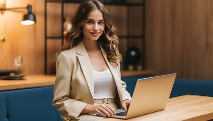 Canvas Print - beautiful young businesswoman using laptop in cafe and smiling at camera