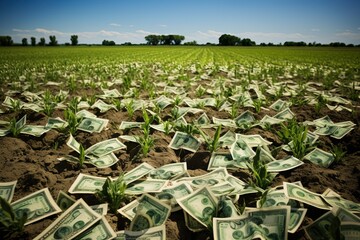 Agricultural field with money in the form of dollar bills.