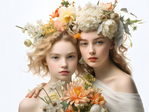 portrait of 2 cute girls with flowers