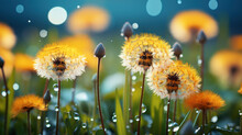 Gorgeous Beautiful Dandelions Covered In Raindrops, Close-up Shot
