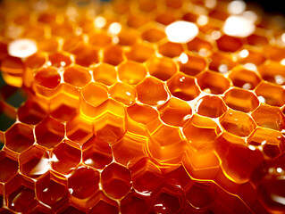 Honeycombs with sweet golden honey on whole background, close up. AI generated