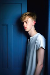 Wall Mural - shot of a young man standing in a doorway against a blue background