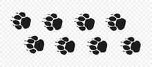 Tiger Or Lion Paw Footprint Way.  Lion  Paws Walking Randomly Print Vector Isolated On White Background.  Vector Animal Steps In Black Color.