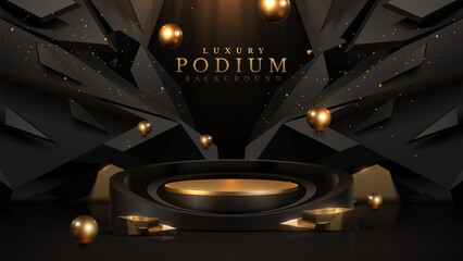 Wall Mural - 3d gold podium and ball elements with black stone scene decoration on dark. luxury award ceremony ba