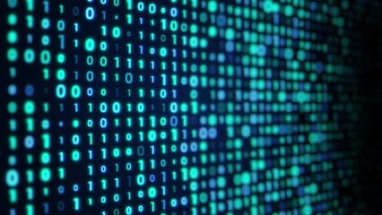 Loop animation of blue, glowing random digital data matrix of binary code numbers on a dark background with bokeh on the right. Motion background for technology, coding, or big data concept