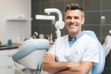 Wall Mural - Male portrait of a belgian smiling dentist in the background of a dental office.