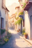 Fototapeta Uliczki - Watercolor pain of mediterranean old city street. AI generated illustration