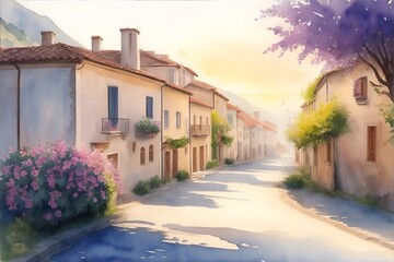 Wall Mural - Watercolor pain of mediterranean old city street. AI generated illustration