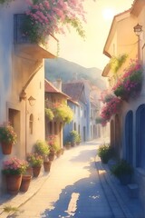 Wall Mural - Watercolor pain of mediterranean old city street. AI generated illustration