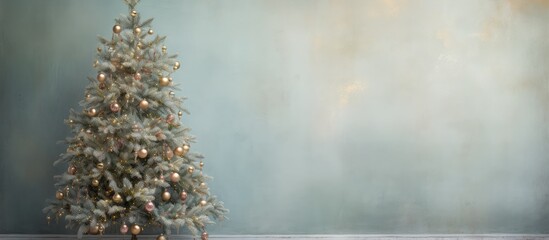 Festively adorned holiday tree isolated pastel background Copy space