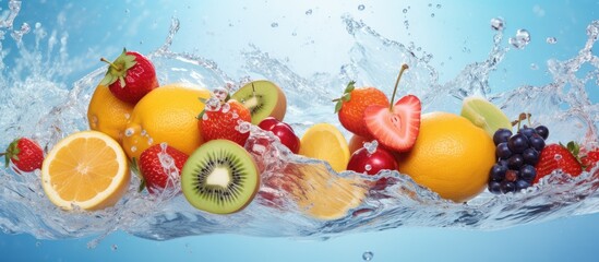 Wall Mural - Fruit mix blends in clear water isolated pastel background Copy space