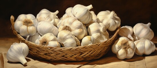 Canvas Print - Garlic a popular food ingredient in the Mediterranean Asia Africa and Europe sits in a bamboo basket isolated pastel background Copy space marble