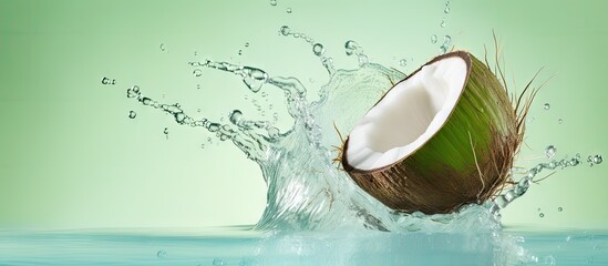 Wall Mural - Green coconut on isolated pastel background Copy space water droplet background