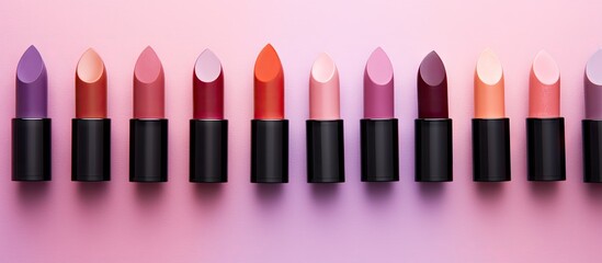 Poster - Decorative lipsticks arranged in a flat lay on a isolated pastel background Copy space