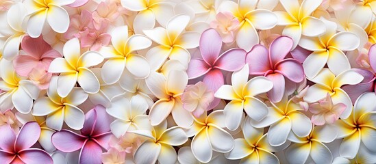 Poster - Background features a splendid display in summer with frangipani flowers flourishing in the garden isolated pastel background Copy space