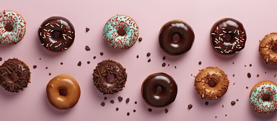 Poster - Isolated chocolate donuts isolated pastel background Copy space