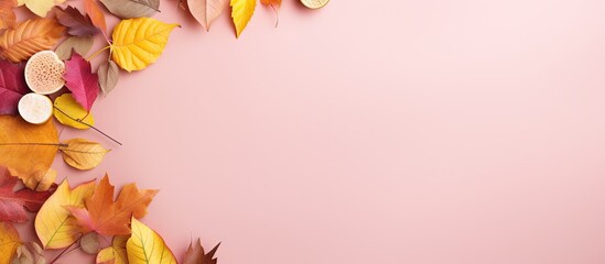 Aufkleber - Fall foliage arranged in a circular frame on isolated pastel background Copy space from a top down view
