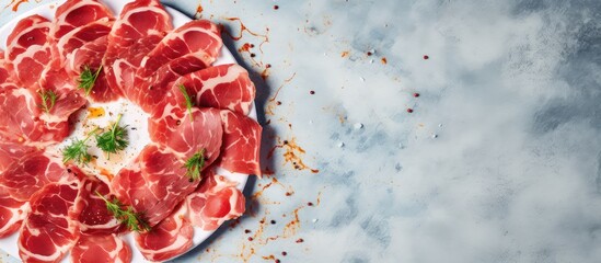 Sticker - Carpaccio made with beef displayed on a table isolated pastel background Copy space