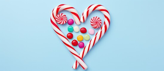 Aufkleber - Festive multicolored candy cane without shadow on a isolated pastel background Copy space Decorative striped texture Top view