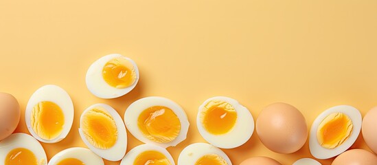 Wall Mural - Halved boiled eggs with yolks on a isolated pastel background Copy space