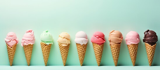 Wall Mural - Assorted ice cream cones with mint vanilla and strawberry isolated pastel background Copy space