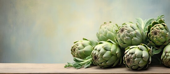 Wall Mural - Artichokes displayed on isolated pastel background Copy space en stand with gray background