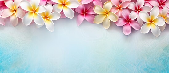 Poster - Background features a splendid display in summer with frangipani flowers flourishing in the garden isolated pastel background Copy space
