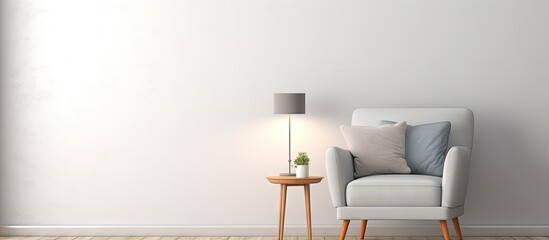 Poster - Contemporary Scandinavian living room or office interior Old gray armchair with white cushion light on isolated pastel background Copy space floor against bright wall horizontal view empty area