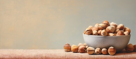 Wall Mural - Bowl of nut shells on Christmas dinner table isolated pastel background Copy space