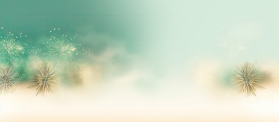 Poster - Fireworks in gold and green adorn the night sky with room for greetings Idea of celebration and special occasion isolated pastel background Copy space