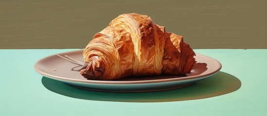 Canvas Print - A fragrant croissant filled with chocolate on a clay plate closeup on isolated pastel background Copy space