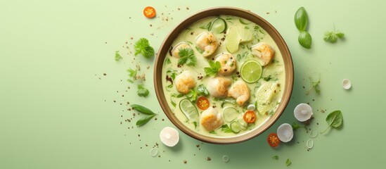 Poster - Green curry and fish ball displayed on a isolated pastel background Copy space