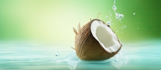 Poster - Green coconut on isolated pastel background Copy space water droplet background