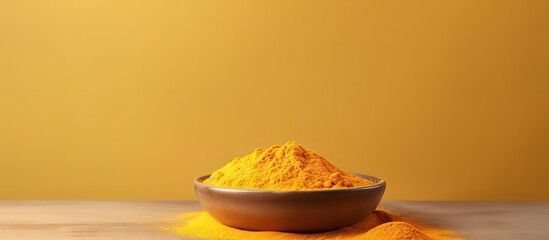 Wall Mural - A bowl filled with turmeric powder isolated pastel background Copy space