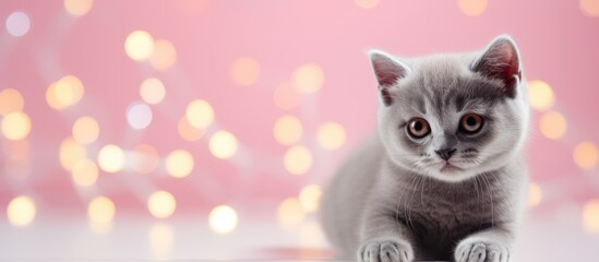 Poster - Adorable British Shorthair kitten in captivating poses surrounded by beautiful bokeh lights on black and isolated pastel background Copy space s