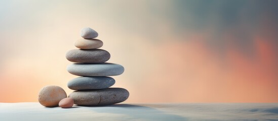 Canvas Print - Balance Stones stacked into a green pyramid background for Spa ideas on rocks isolated pastel background Copy space