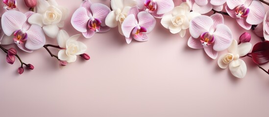 Aufkleber - Beautiful orchids arranged in a floral frame ready for customization isolated pastel background Copy space