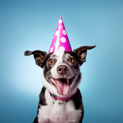 Happy cute dog in a festive hat celebrating a birthday. 
