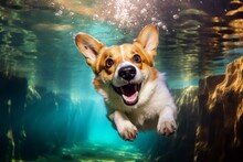 Medium Shot Portrait Photography Of A Smiling Norwegian Lundehund Bringing The Leash Wearing A Floral Collar Against A Fascinating Underwater World Background. With Generative AI Technology