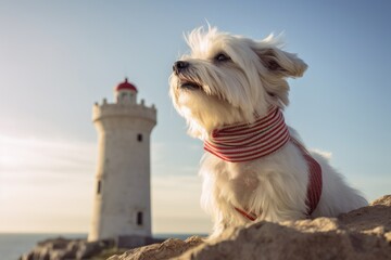 Close-up portrait photography of a funny lowchen dog humping wearing an anxiety wrap against a majestic lighthouse on a cliff background. With generative AI technology