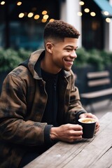 Wall Mural - shot of a young man enjoying some coffee outside