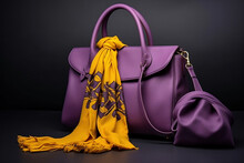 Women's Bag And Neckerchief. Fashionable Women's Things And Accessories. Stylish Purple Women's Bag And Yellow Cravats. Elegant Women's Clothes.