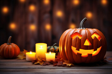 Canvas Print - Halloween pumpkin head jack lantern on wooden background.