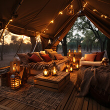  The Inside Of A Safari Tent Is Furnished In An Wild
