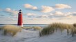 red lighthouse on the beach with white sand