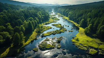 Wall Mural - drone shot of a river running through a green forest.