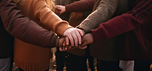 Wall Mural - concept for togetherness. a group of people hold hands on each other.